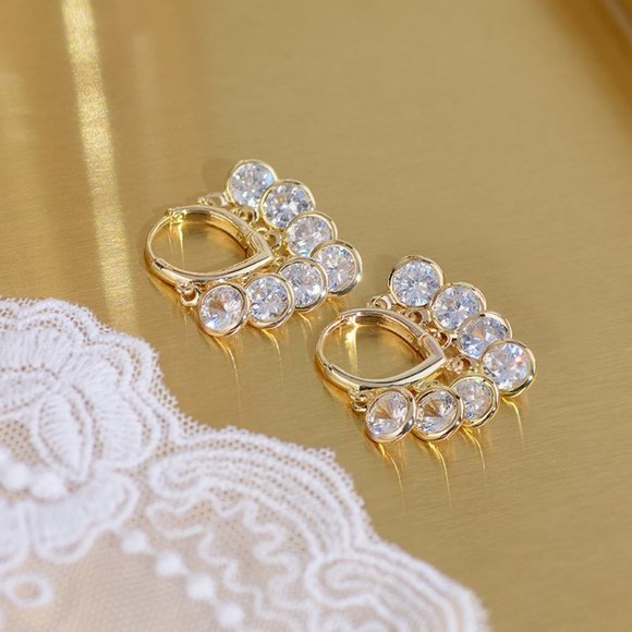 NEW 14K Gold Plated Round Diamond Drop Huggie Hoop Earrings - Picture 5 of 8